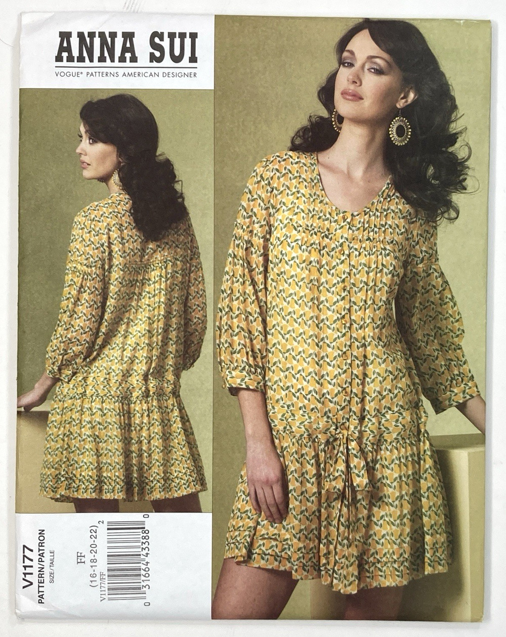 Vogue V1177 1177 Pattern Anna Sui Boho Tunic Mod Dress and Slip Sz 16-22 Uncut